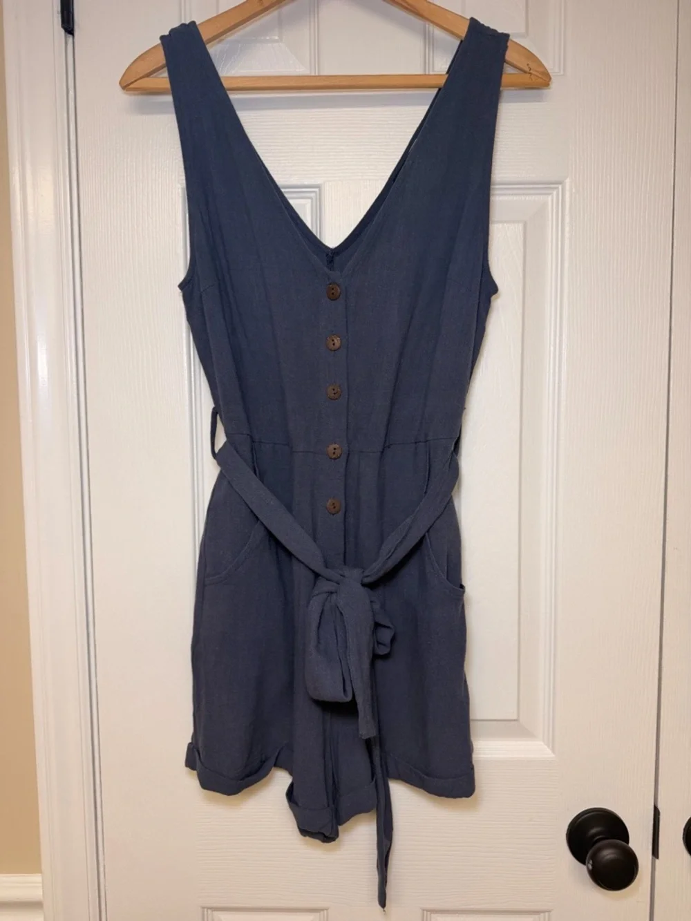 VICI Linen Blend Romper Blue Button Front Tie Waist Pocketed Boho Summer Small - Picture 2 of 11